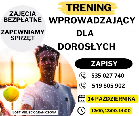 na plakacie widnieje mężczyzna z piłką tenisową 