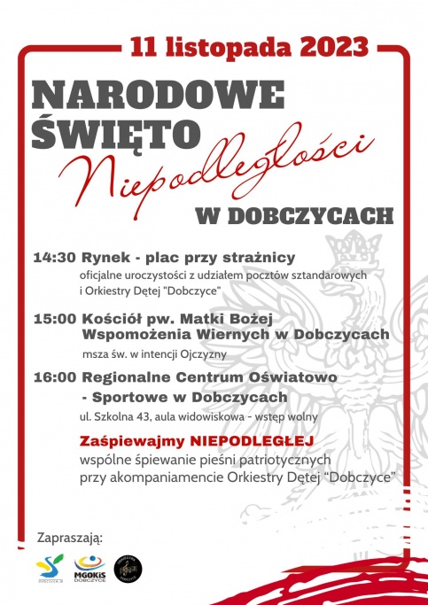 biały plakat z czerwonymi elementami grafiki