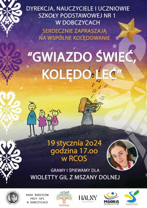 fioletowo- żółty plakat z kolorową grafiką 