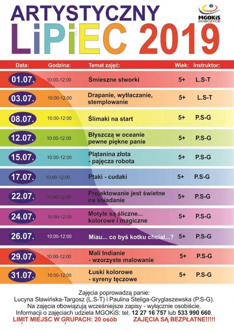 grafik zajęć plastycznych w MGOKiS Dobczyce