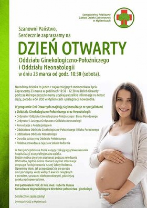 plakat informujący o dniu otwartym po lewej części plakatu dużo tekstu o dniu otwartym po prawej kobieta ciężarna