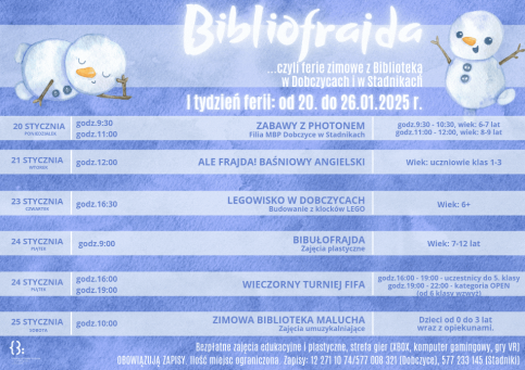 plakat informujący o programie wydarzeń w Miejskiej Bibliotece Publicznej podczas ferii, jak w artykule