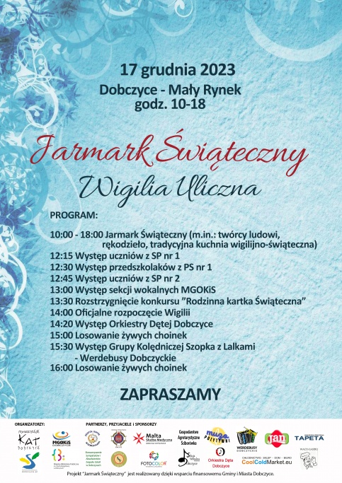 Błękitny plakat z czerwonymi napisami 