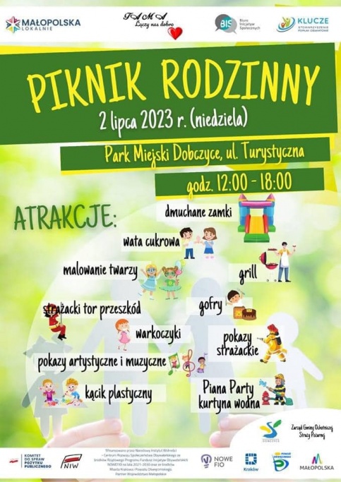 Zielony plakat z żółtymi napisami odnośnie pikniku rodzinnego w Parku miejskim. Na plakacie różnego rodzaju kolorowe grafiki 