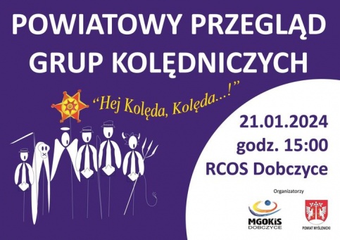 fioletowy plakat z białą grafiką 