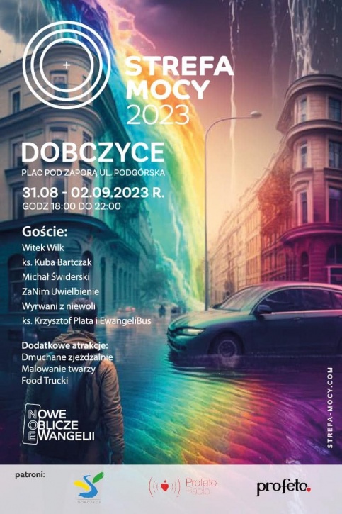 tęczowy plakat z budynkiem na przodzie, a obok stoi auto na aswalacie