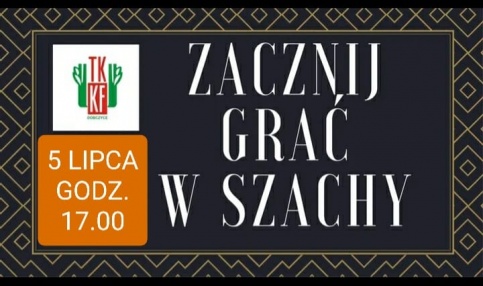 Czarny plakat z białymi napisami "Zacznij grać w szachy"